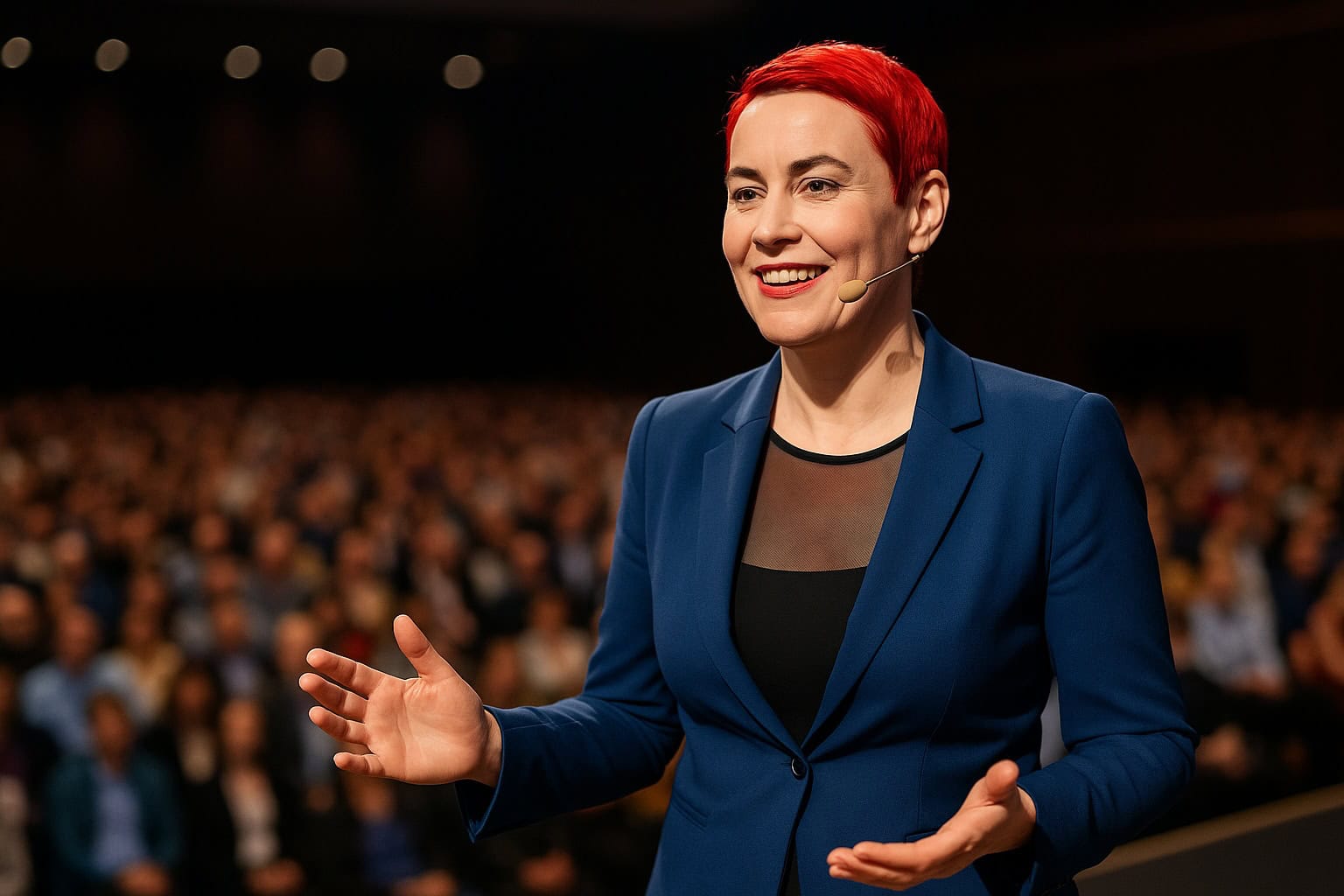 Speakerin Sandra Weckert mit rotem Kurzhaarschnitt hält Keynote auf großer Bühne